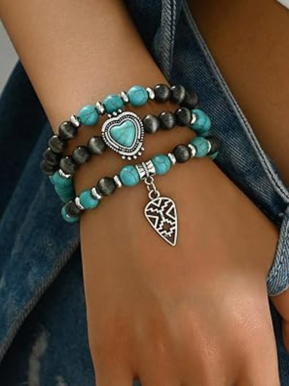 3 Boho Beaded Bracelet Set Stackable Stretchy Turquoise Heart